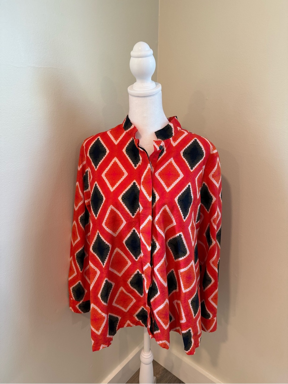 Geo-Print Red Button-Down Women’s Shirt